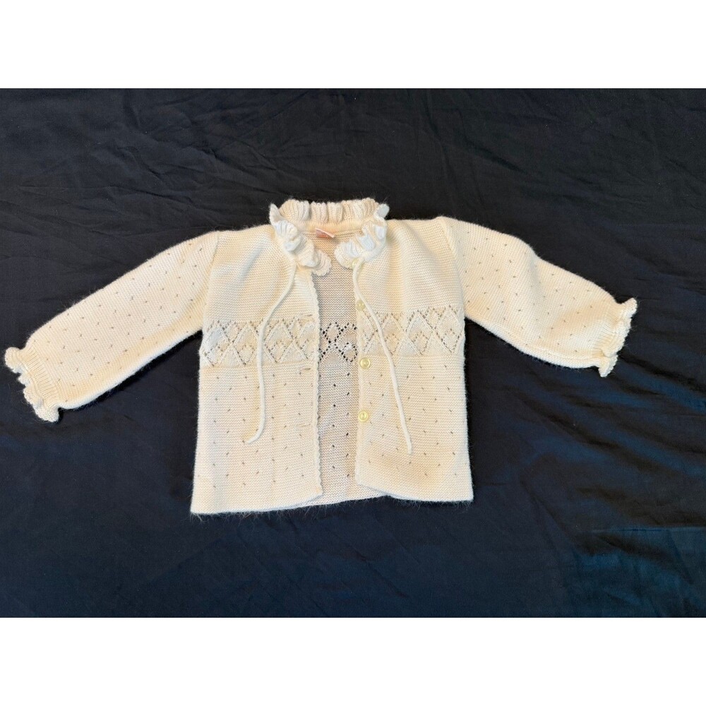 Vintage 60's-80's Renzo made in Italy White Knit Baby Cardigan Pom-Pom Tie 6-12M
